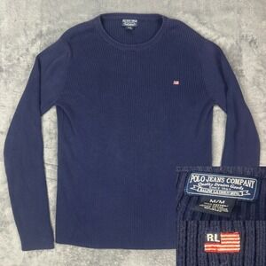 Vintage Polo Jeans Co Ralph Lauren Mens Waffle Knit Thermal Shirt Navy RL Flag M